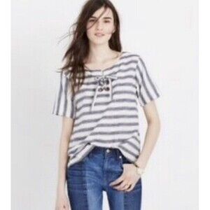 MADEWELL Striped Lace Up Top Size XS Nautical Linen/Cotton Short Sleeve Boxy